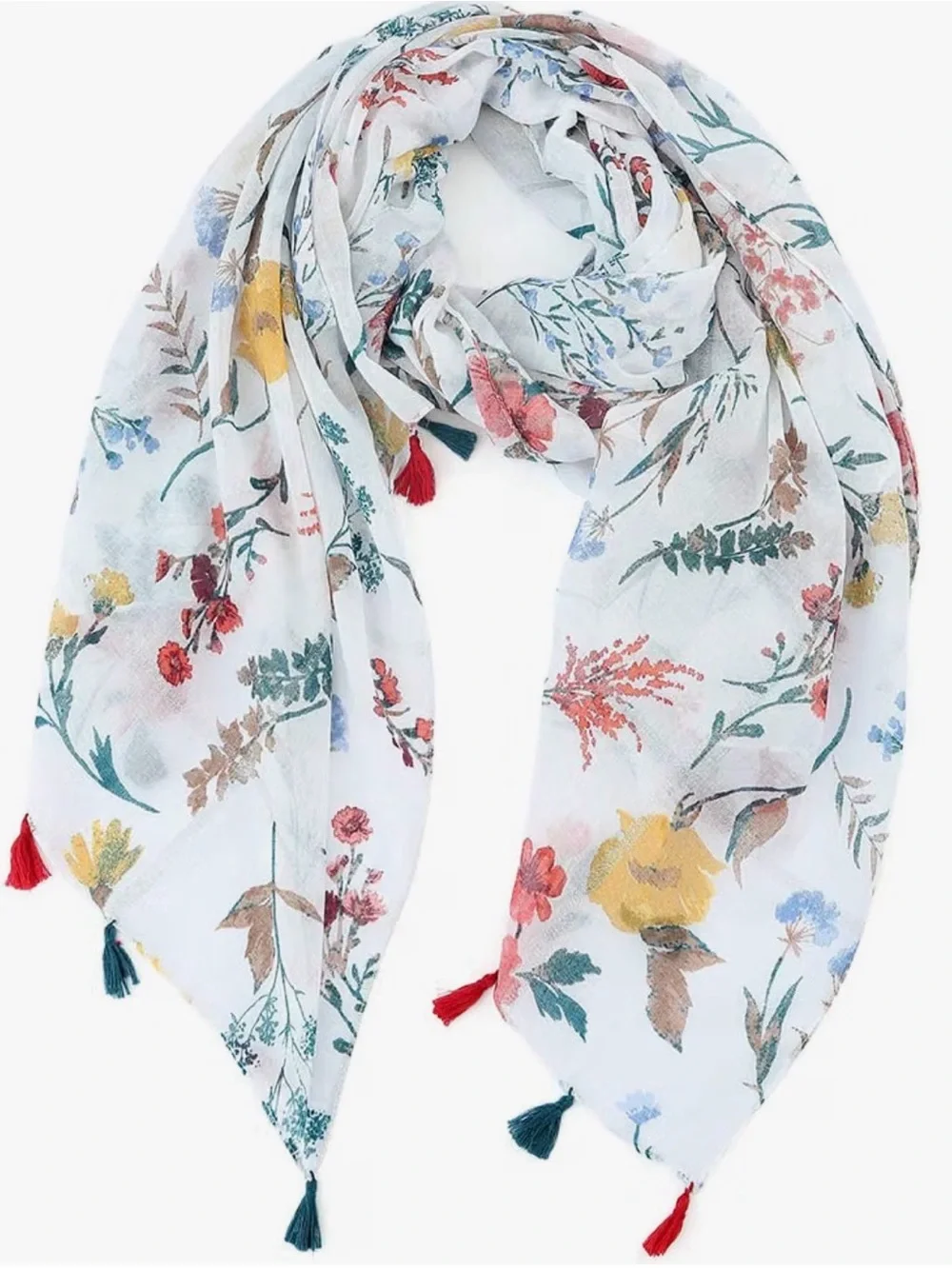 FLORAL SCARF TASSEL TRIM LIGHTWEIGHT HEAD SCARVES WHITE SILVER LUREX OSFM